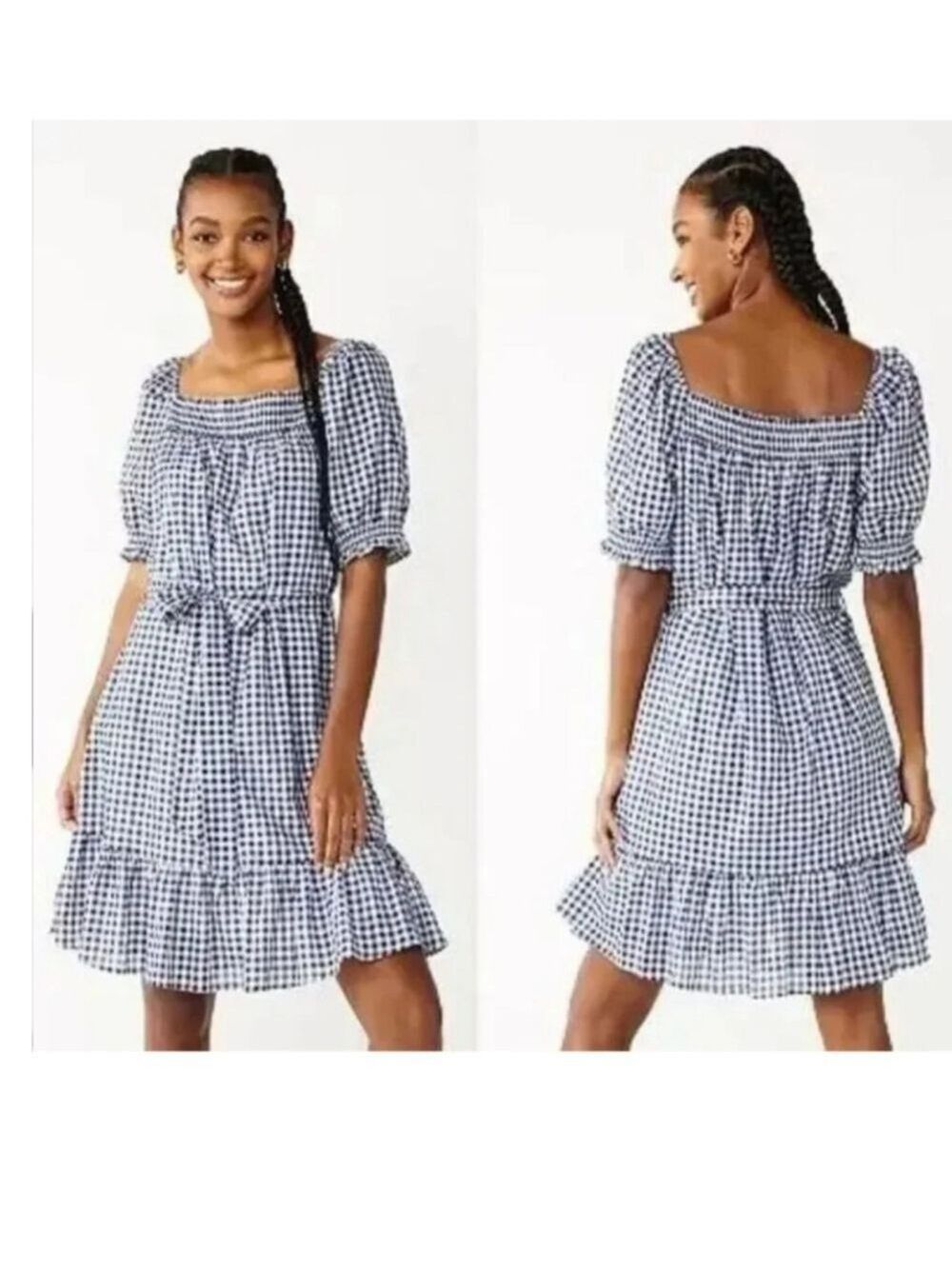 Draper James RSVP Navy & White Gingham Smocked Puff Sleeve Mini Dress Sz: L